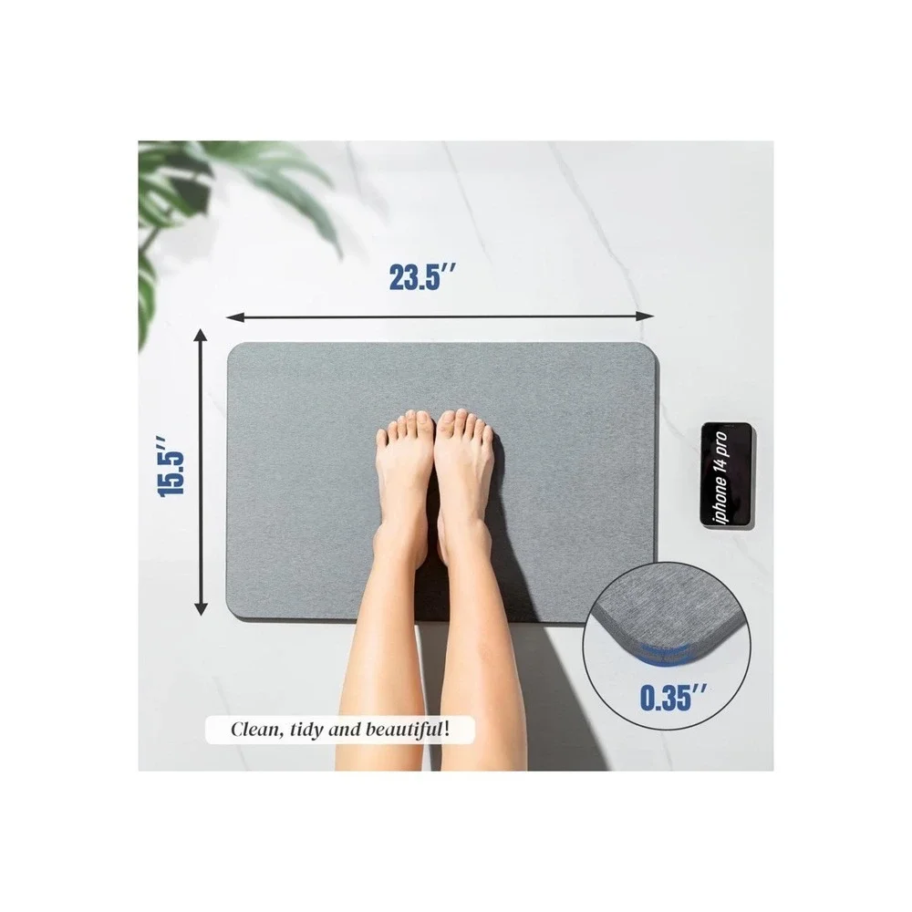 Premium Comfort Stone Bath Mat Grey Diatomaceous Earth Fast Drying Non-Slip New